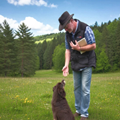 Hundetrainerin sitzt mit ihrem Hund auf einer Wiese und schaut ihn freundlich an